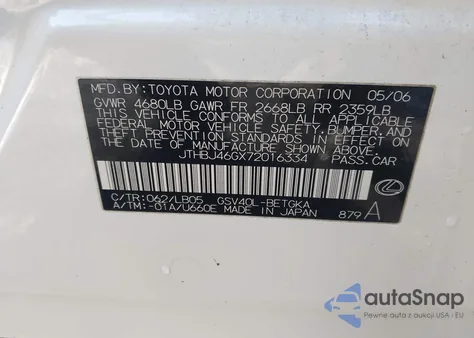 2007 Lexus Es 350 from USA, damaged, VIN JTHBJ46GX72016334